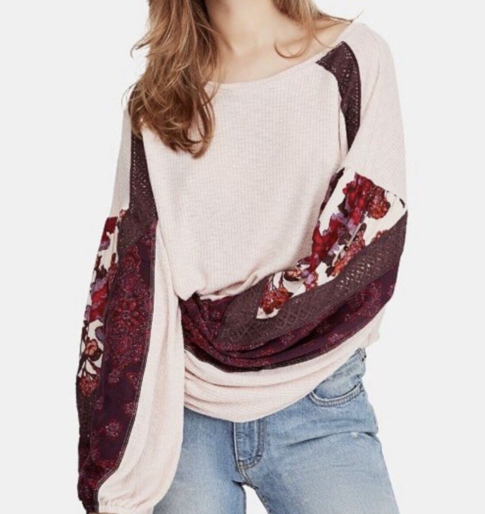FREE PEOPLE Casual Clash Top Rose Pink Long Puff Sleeves Floral Lace Relaxed S
